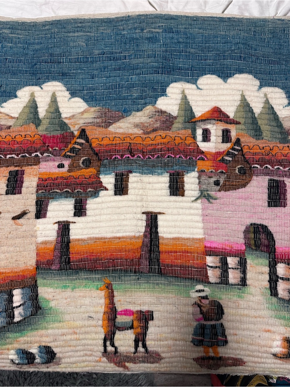 Handwoven Village Scene Wall Hanging in Blue, Pink, Orange